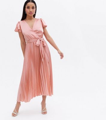 Petite Pale Pink Satin Pleated Belted Midi Wrap Dress | New Look